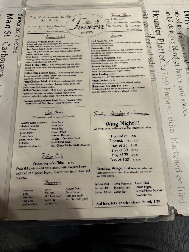 Menu Main Street Tavern Montevallo - 1