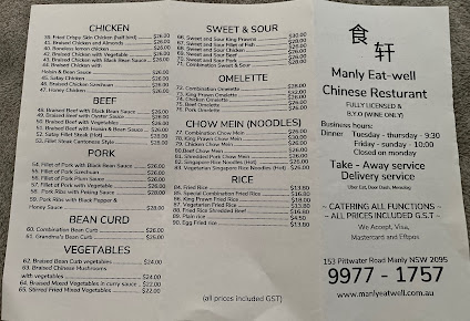Menu Manly Eat-Well Chinese - 1
