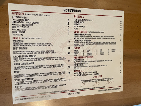 Menu Miso Ramen Bar Raleigh - 0