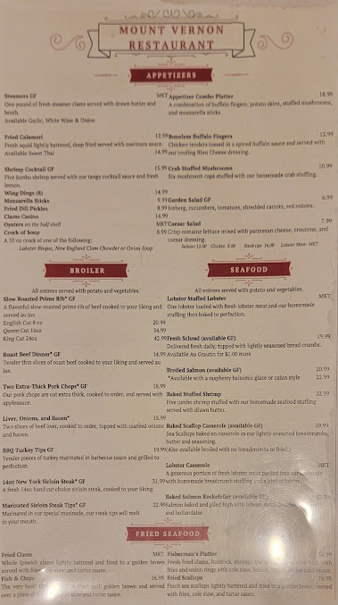 Menu Mount Vernon Restaurant & Pub - 1