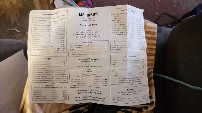 Menu Mr Bibbs Restaurant Home Of The Tenderloin Sandwich - 0