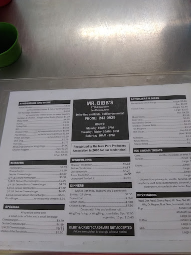 Menu Mr Bibbs Restaurant Home Of The Tenderloin Sandwich - 1