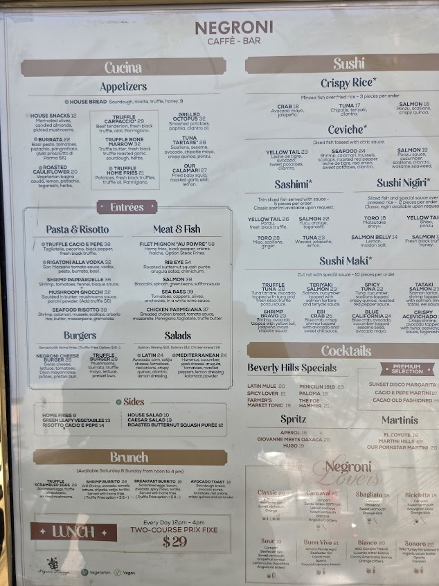 Menu Negroni Caffe Bar Beverly Hills - 0