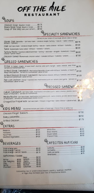 Menu Off The Mile Restaurant - 1