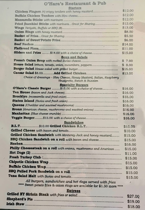 Menu O'hara's Restaurant And Pub - 0