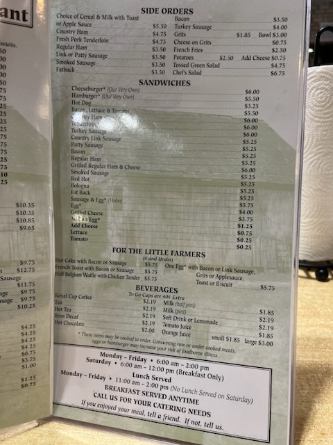 Menu Pam's Farmhouse Restaurant - 1