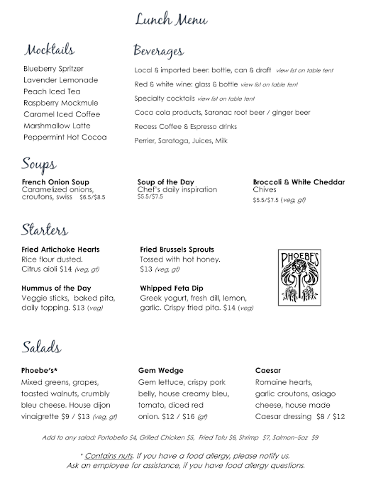 Menu Phoebe's Restaurant & Coffee Lounge - 0