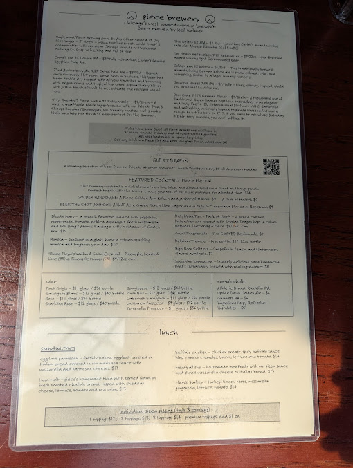 Menu Piece Pizzeria And Brewery - 1