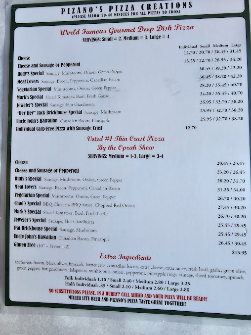 Menu Pizano's Pizza & Pasta - 1