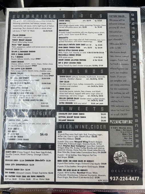 Menu Pizza Factory Daytons Original - 2
