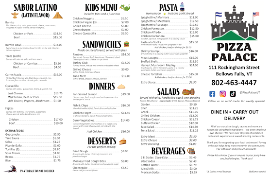 Menu Pizza Palace Bellows Falls - 0
