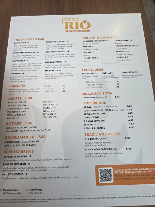 Menu Pizza Rio The Brazilian Way Pigeon Forge - 9