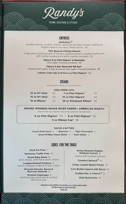Menu Randys Prime Seafood And Steaks - 0