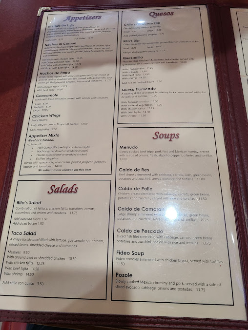 Menu Rita's Mexican Restaurant - 1