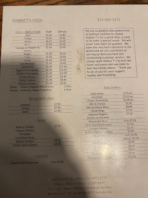 Menu Robbie T's Pizza - 1