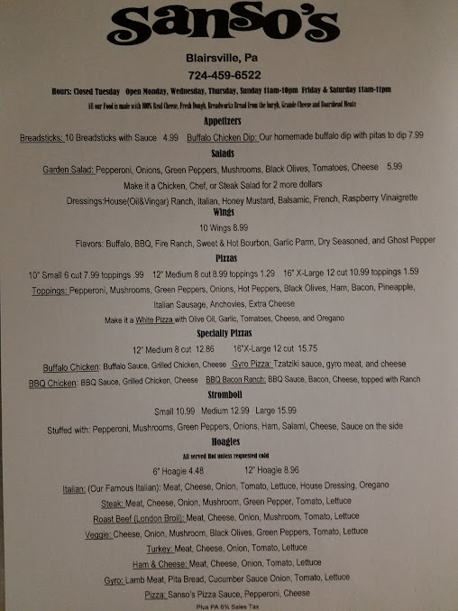 Menu Sansos Pizzeria 6 Packs Blairsville - 1