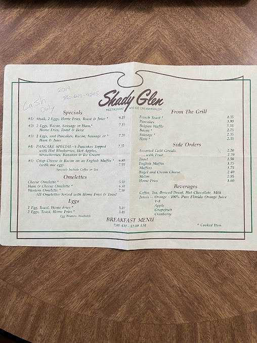 Menu Shady Glen Restaurant And Ice Cream Parlor - 0