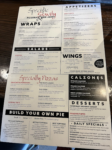 Menu Specific Gravity Pizzeria Beer Joint - 1