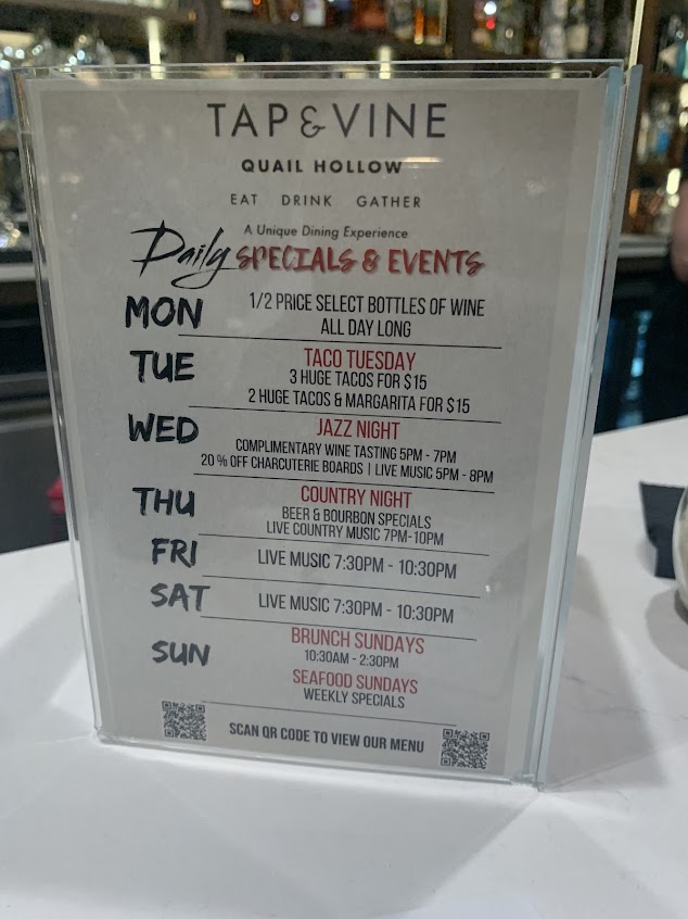 Menu Tap And Vine Quail Hollow - 4