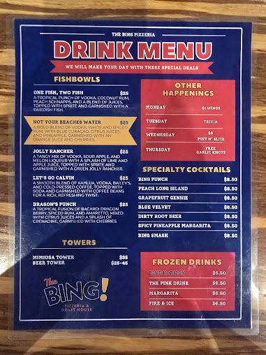 Menu The Bing Pizzeria Draft House - 1