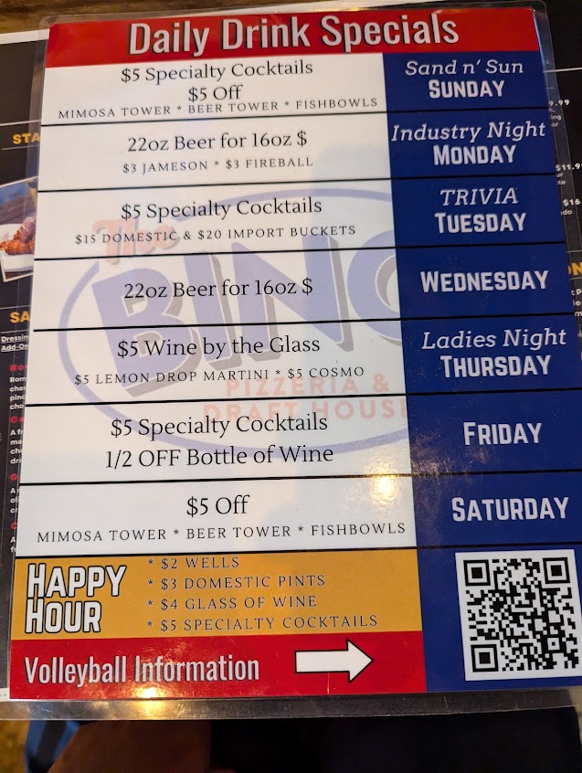 Menu The Bing Pizzeria Draft House - 6