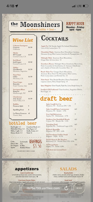 Menu The Moonshiners Southern Table + Bar - 5