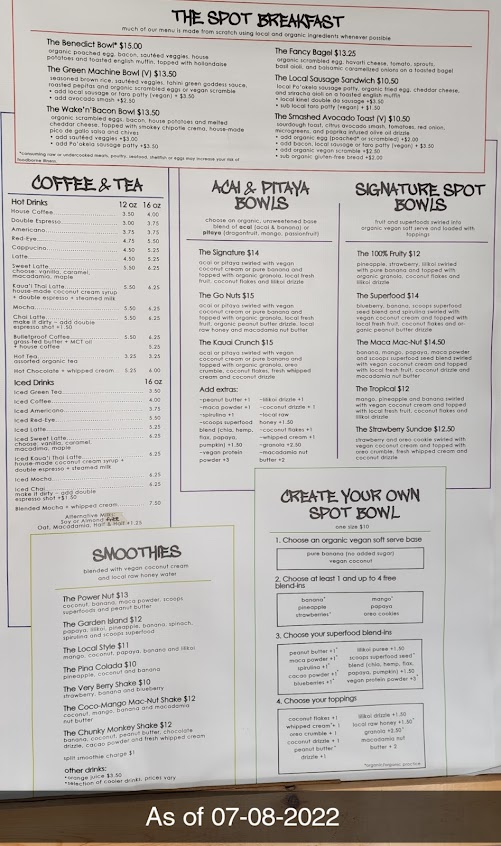 Menu The Spot North Shore Kauai - 1