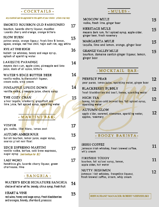 Menu The Water's Edge Restaurant - 0