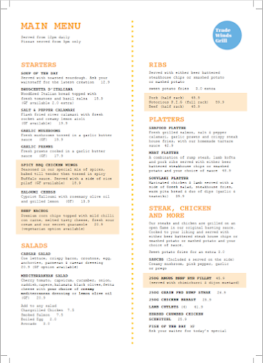 Menu Tradewinds - 0