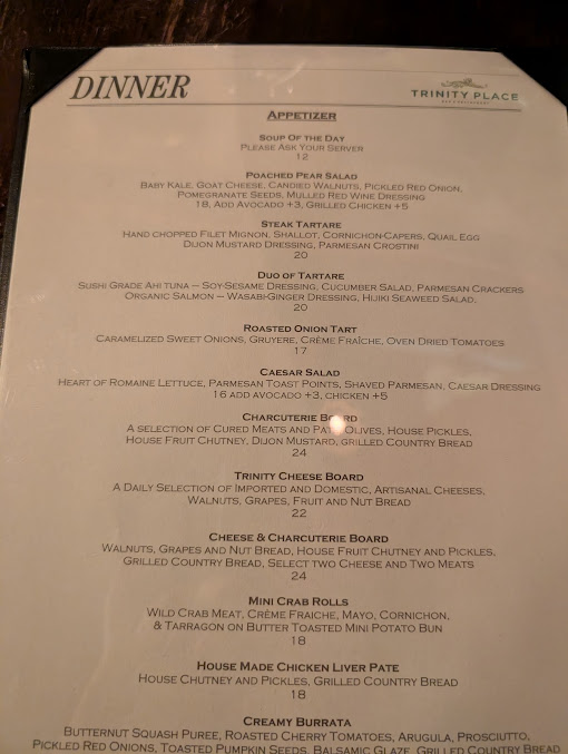 Menu Trinity Place Restaurant And Bar - 1