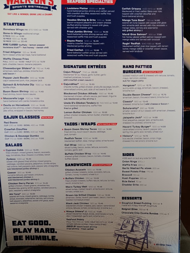 Menu Walk Ons Sports Bistreaux Alexandria Restaurant - 1
