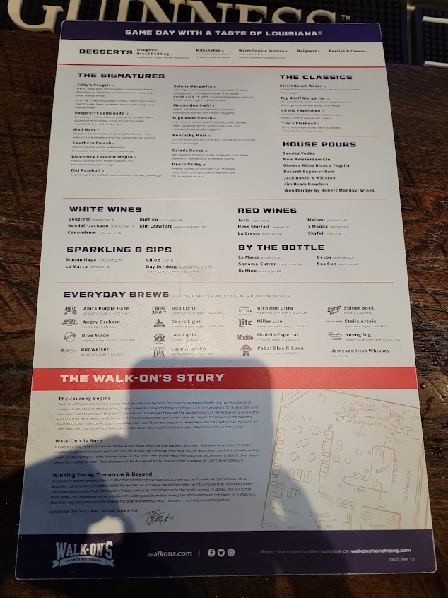 Menu Walk Ons Sports Bistreaux Alexandria Restaurant - 6